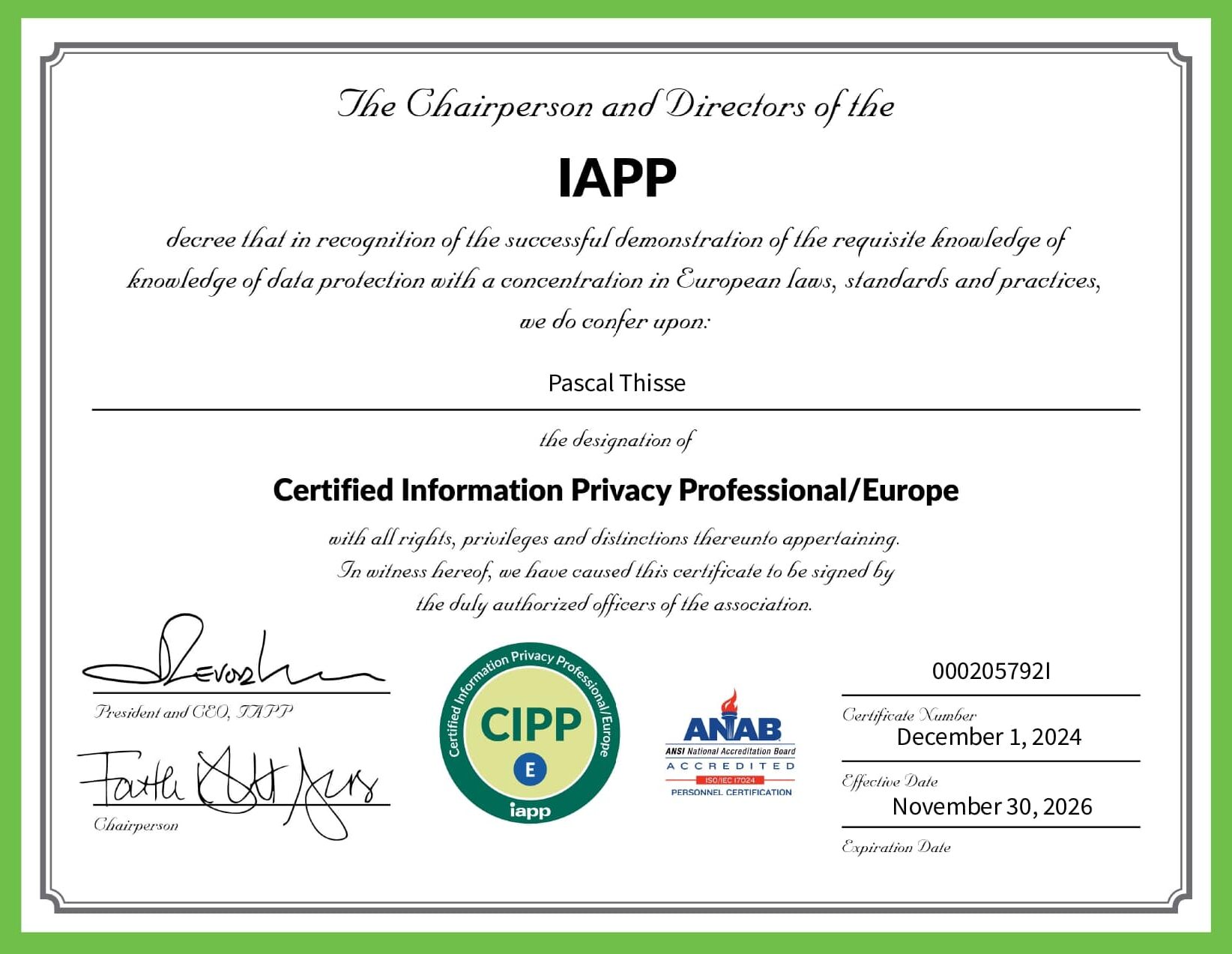 Certificat CIPP/E de Pascal Thisse